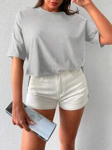 Cottnline Solid Split Hem Drop Shoulder Tee - White - View 5