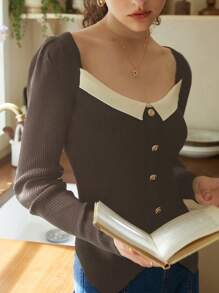 SHEIN LUNE Áo len chui đầu dệt kim gân sọc phối màu tương phản, cài cúc phía trước, thích hợp cho mùa thu đông. - Màu Khaki - Xem 4