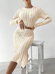 SHEIN Essnce Cable Knit Split Thigh Sweater Dress Without Belt - Apricot - View 7