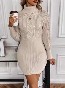 SHEIN Essnce Áo cao cổ Xoắn Dan Thả vai Đầm Áo len - Màu be - Xem 5