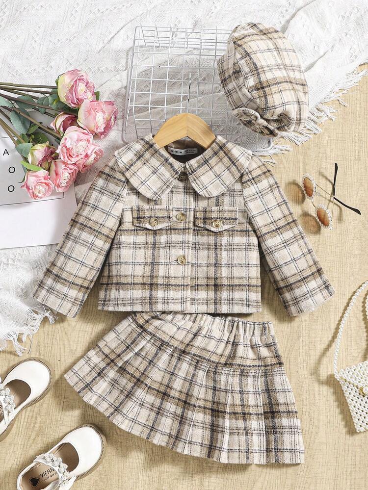 Baby Girls' Vintage Plaid Peter Pan Collar Coat, Pleated Skirt, And Hat Set