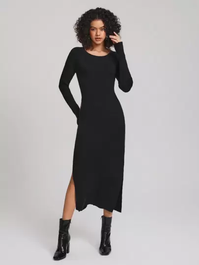 LUSINE BONFIELD Abito elegante con spacco laterale, colore nero tinta unita, adatto per vacanze, feste, compleanni, festival, abiti da matrimonio e da ballo