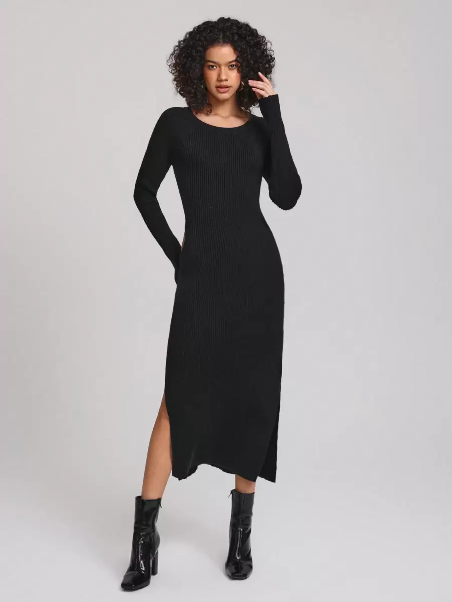 LUSINE BONFIELD Váy len xẻ đùi thanh lịch màu đen trơn của nhà thiết kế, dành cho ngày lễ, tiệc tùng, kỳ nghỉ, trang phục sinh nhật, lễ hội, phù hợp với Ibiza, đám cưới, váy dạ hội - màu đen - Xem 1