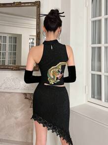 EastFlair Women's Phoenix Embroidery Mid-length Dress - Black - View 2