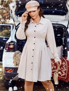 SHEIN Essnce 大碼素色前紐扣襯衫洋裝 - 杏色 - 查看 3