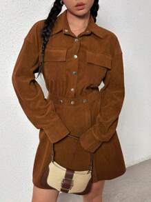 SHEIN Unity Women's Corduroy Dress Fall Cloth For Women - Brown - View 4