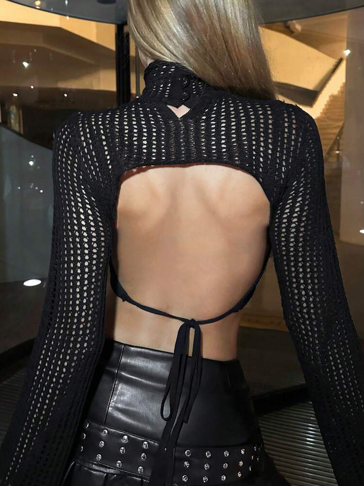 Open Knit Tie Backless Crop Sweater Without Bra