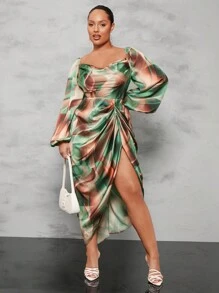 SHEIN BAE 女士日常/節日/約會/派對斜領印花連衣裙 - 綠色 - 查看 3