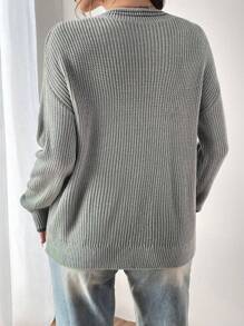 SHEIN EZwear Suéter De Punto Acanalado Con Cuello Redondo Para Mujer Con Diseño De Bolsillo Y Hombros Caídos