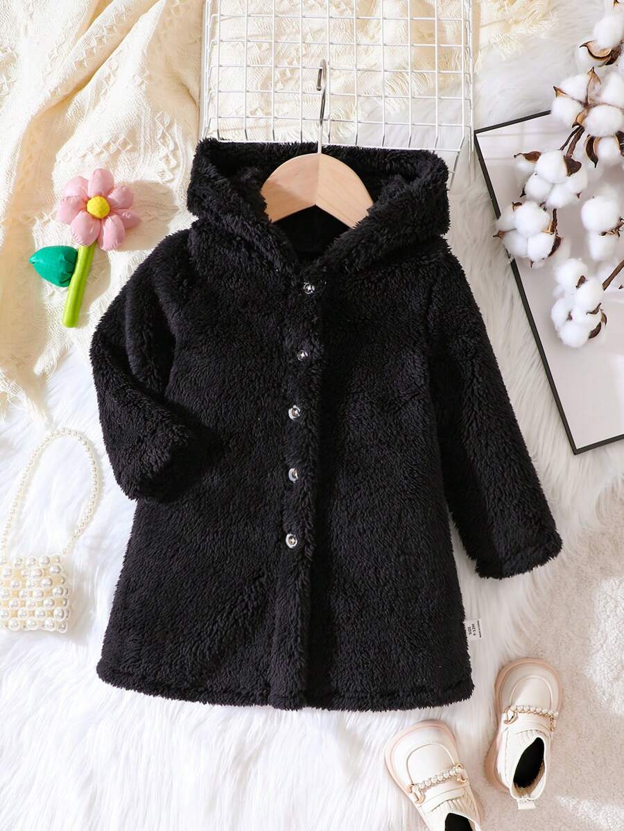 Baby Girl Plush Hooded Padded Coat - Black - View 1