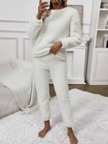 SHEIN LUNE 素色落肩袖絨毛衛衣和褲子 - 白色 - 查看 4