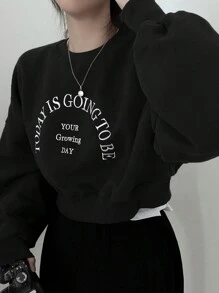 DAZY Letter Graphic Drop Shoulder Oversized Pullover,Long Sleeve Tops,Fall Clothes Sweatshirt - Black - View 2