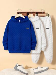 Tween Boy 2pcs Letter Patched Textured Hoodie & 1pc Sweatpants - Multicolor - View 1