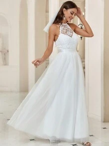 SHEIN Belle 1pc Guipure Lace Insert Mesh Overlay Halter Neck Wedding Dress White Elegant Bridal Dress,Bride - White - View 4