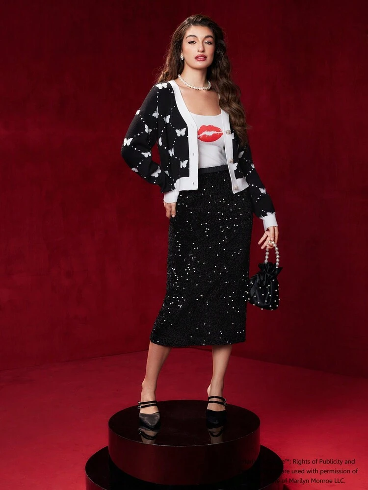 Butterfly and Figure Pattern Contrast Trim Cardigan