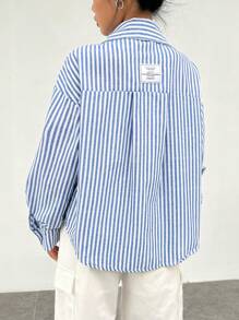 SHEIN EZwear 條紋印花落肩袖襯衫 - 藍色 - 查看 1