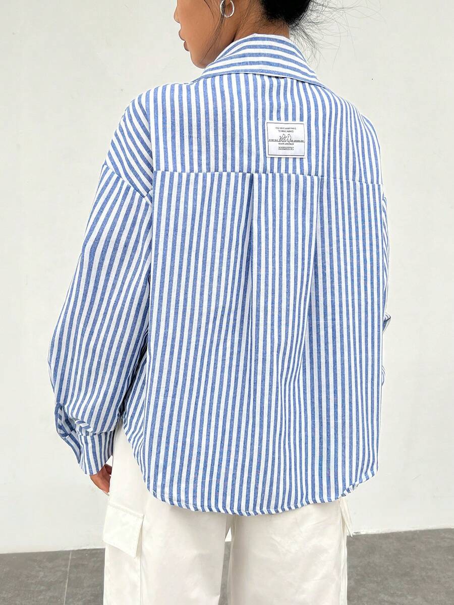 SHEIN EZwear 條紋印花落肩袖襯衫 - 藍色 - 查看 1