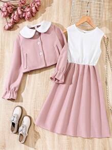 SHEIN Tween Girl Peter Pan Collar Flounce Sleeve Jacket & Dress - Pink - View 1