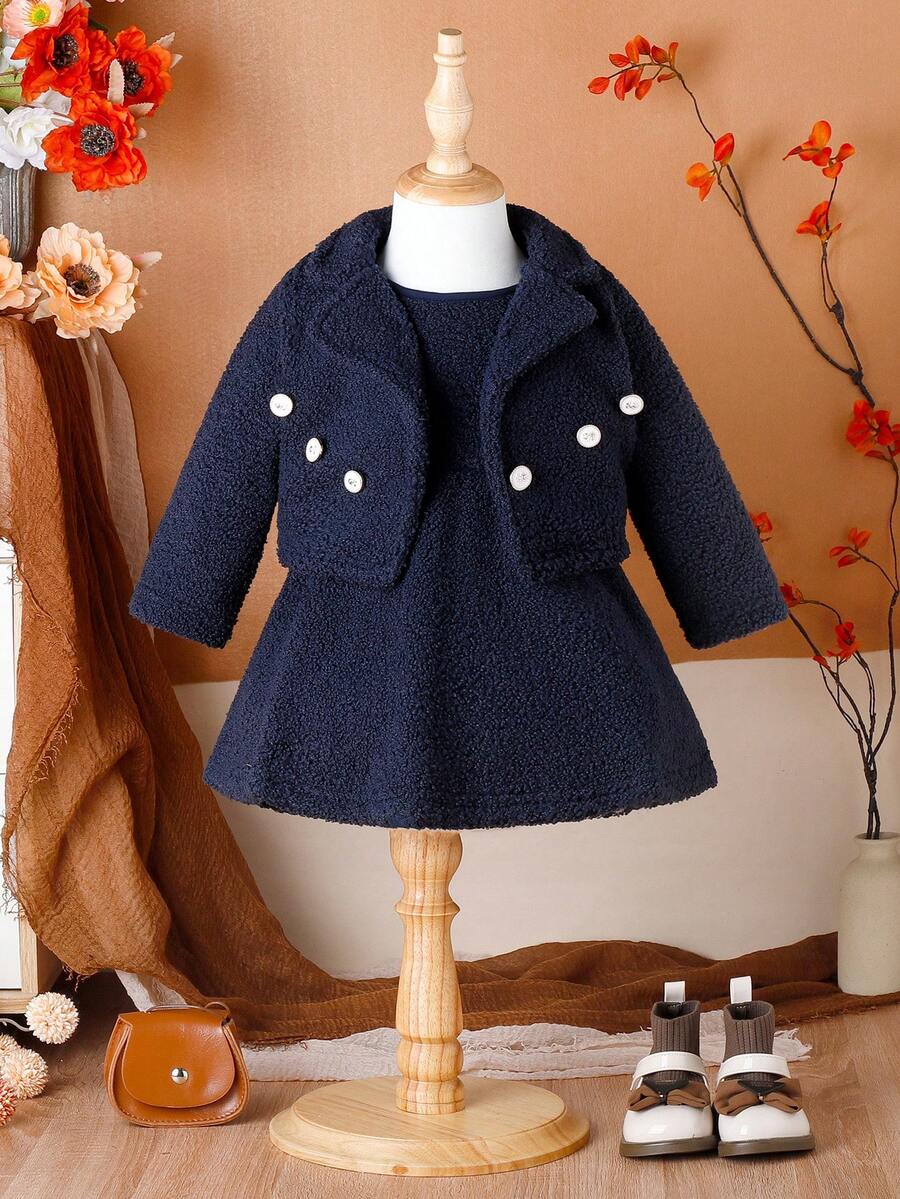 女嬰西裝領毛絨夾克&洋裝 - 藍色 - 查看 1