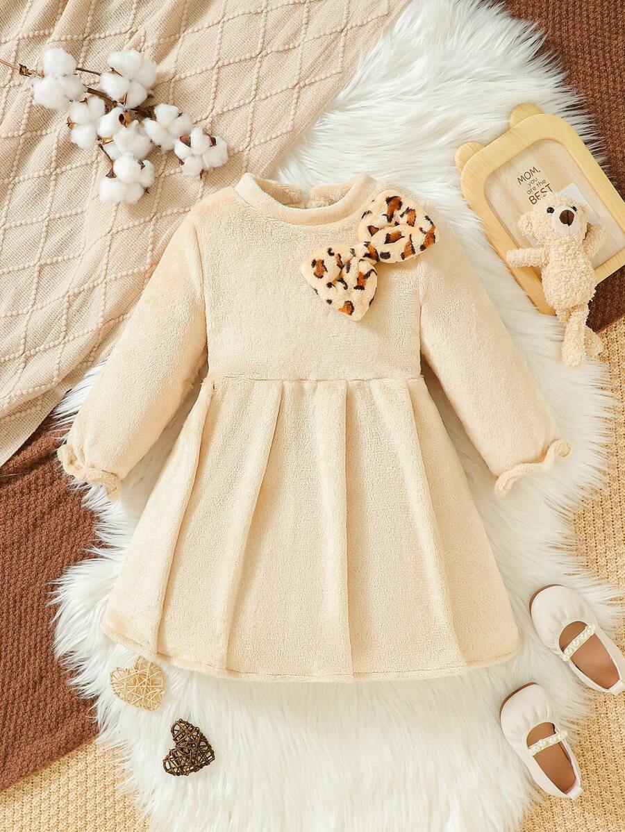 SHEIN Young Girl Leopard Bow Front Flounce Sleeve Dress - Apricot - View 1