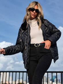 SHEIN Cottnline Borg Collar Zip Up Quilted Coat - Black - View 5