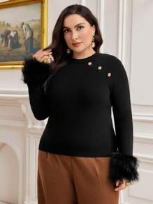 Modelyn Talla grande Jersey de peluche puño con diseño de botón