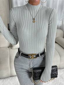 SHEIN Essnce 小高領條紋針織套頭毛衣 - 淺灰紫 - 查看 5