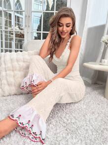 Frill Trim Schiffy Cami Top And Flare Leg Pants PJ Set / Pajama Set