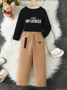 SHEIN Cô Gái Trẻ Đồ họa Chữ cái Áo thun & Túi có nắp Quần - Màu Khaki - Xem 1