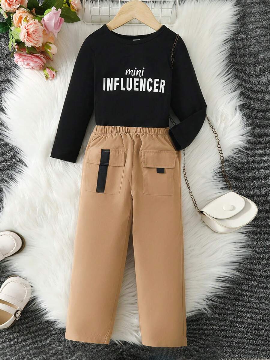 SHEIN Cô Gái Trẻ Đồ họa Chữ cái Áo thun & Túi có nắp Quần - Màu Khaki - Xem 1