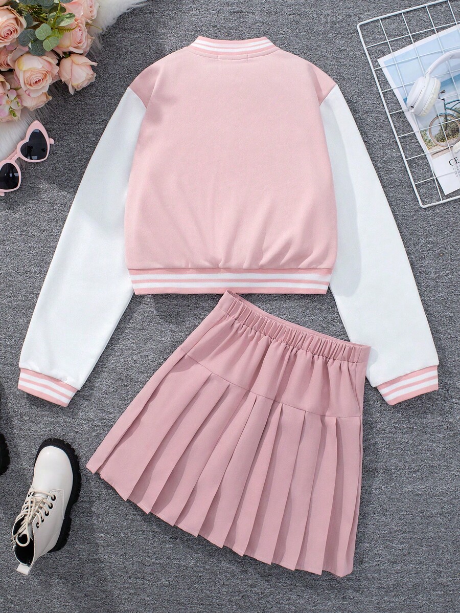 SHEIN Teen Girl Baseball Jacket With Letter Embroidery And Pleated