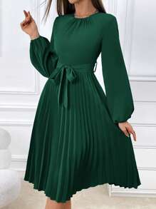 SHEIN Privé 燈籠袖百褶下擺繫腰帶洋裝 - 墨綠色 - 查看 1
