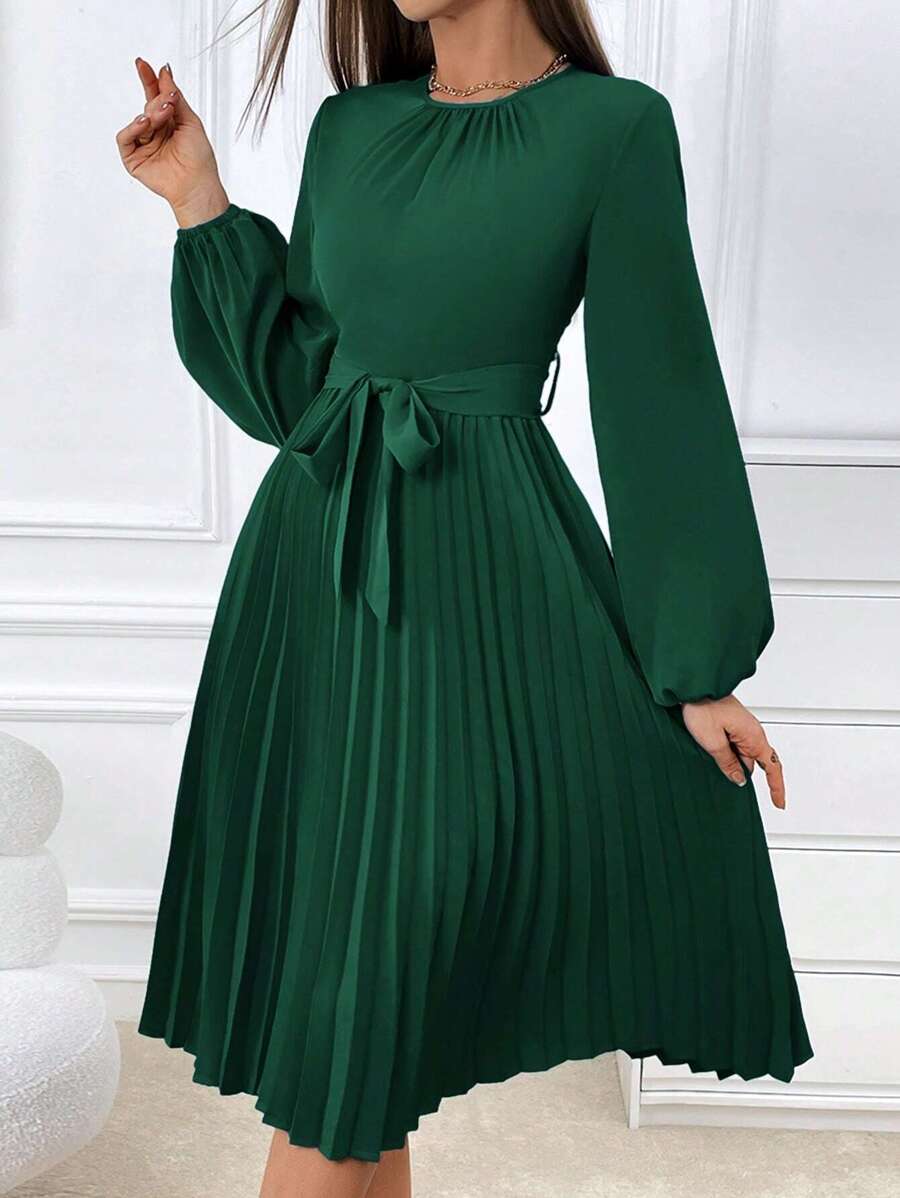 SHEIN Privé 燈籠袖百褶下擺繫腰帶洋裝 - 墨綠色 - 查看 1