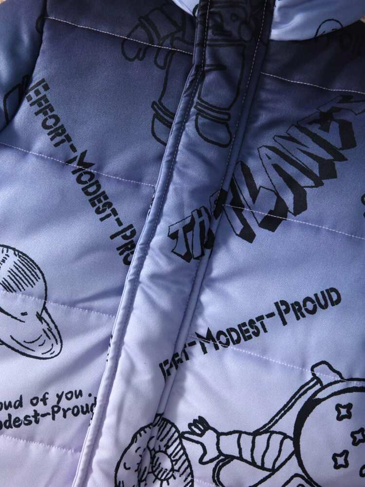 Young Boy Astronaut & Letter Graphic Hooded Thermal Lined Zipper Padded Coat Without Sweater