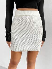 SHEIN Unity Falda de punto con diseño de botón - Beis - Ver 3