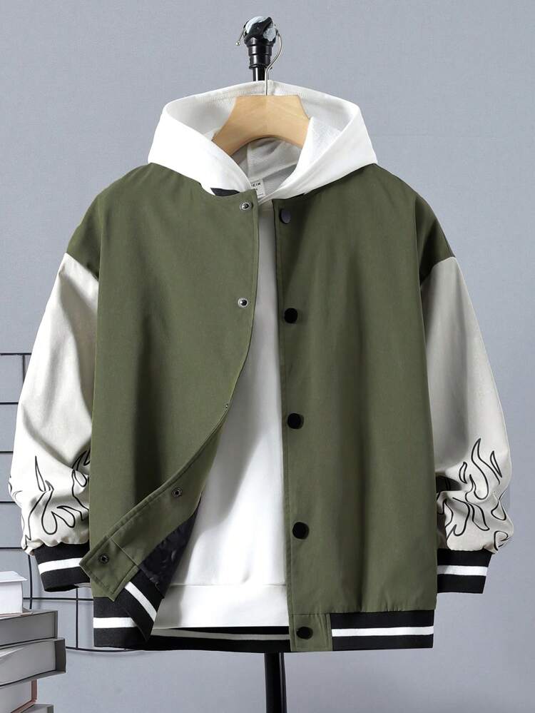 Boys' Casual Patchwork Sleeve Baseball Collar Front Zipper Lightweight Knit Jacket With Letter Print, For Big Kids