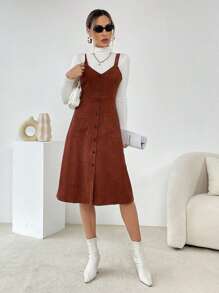 SHEIN Essnce 雙口袋前紐扣背帶洋裝無毛衣 - 鏽棕色 - 查看 5