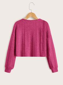 SHEIN Cô gái Tween Chải Tay áo lồng đèn Đồ đan Ribbed Áo thun - Màu Hồng Tươi - Xem 2