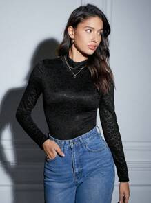 Anewsta Leopard Jacquard Mock Neck Bodysuit - Black - View 5
