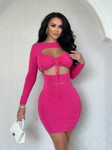 Zolique Cắt ra Mặt trước dây rút Váy len bó sát - Màu Hồng Tươi - Xem 5