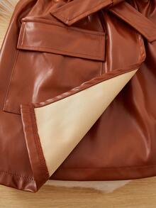 休閒不對稱 腰帶 口袋純色女童（大）半身裙 - 棕色 - 查看 5