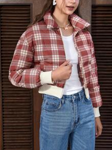 SHEIN EZwear Plaid Print Zip Up Crop Padded Coat