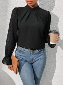 SHEIN Unity Lưới tương phản Tay áo loe Cổ giả Áo sơ mi - màu đen - Xem 4