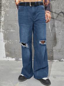 Manfinity Roughcore Loose Men's Ripped Wide Leg Jeans Without Belt - Medium Wash - View 5
