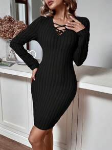 Calvaya Criss Cross Front Ribbed Knit Bodycon Dress Fall Cloth For Women