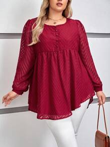 SHEIN Frenchy Plus Solid Button Front Bishop Sleeve Peplum Blouse - Red - View 3