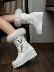 Must-Have Winter Metallic Pendant Thickened Plush Casual Fashion Mid-Calf Height-Increasing Snow Boots With Lining,Fur Boots - White - View 5