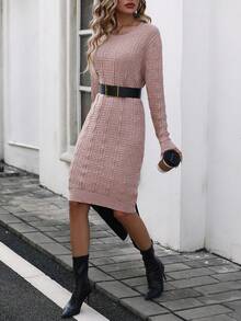 SHEIN Essnce 素色圓領毛衣洋裝不附腰帶 - 藕粉色 - 查看 3