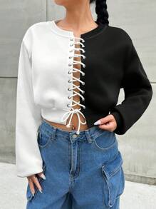 SHEIN EZwear Của phụ nữ Khối màu Thánh giá Dây đeo Áo nỉ - Đen và trắng - Xem 1