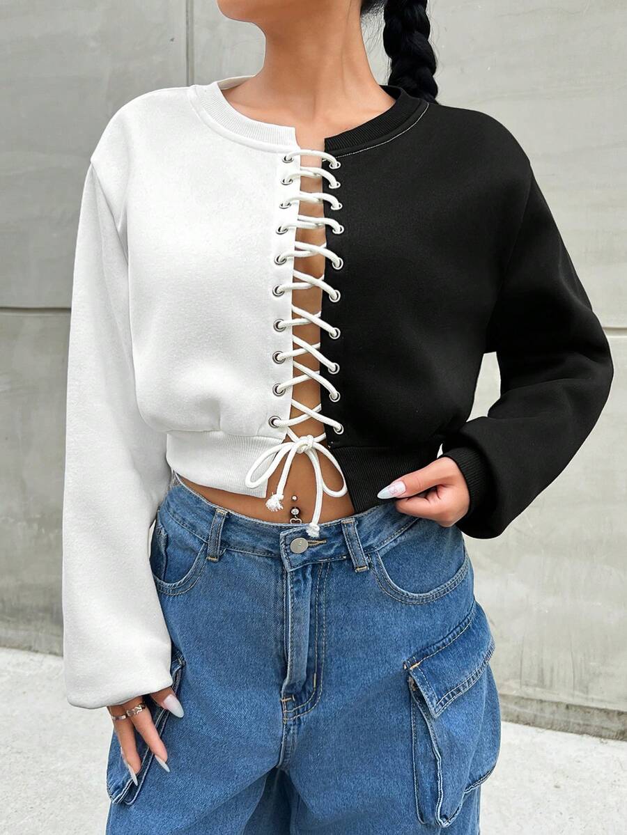 SHEIN EZwear Của phụ nữ Khối màu Thánh giá Dây đeo Áo nỉ - Đen và trắng - Xem 1
